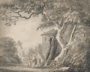 Paesaggio Romantico con Figure e un Cane
