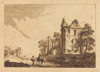 Abbazia in rovina con viaggiatori sulla strada