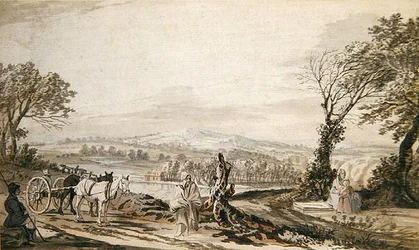 Viaggiatori che riposano lungo una strada sopra una valle fluviale
