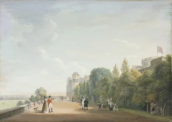 Castello di Windsor: la terrazza nord guardando a est, con figure eleganti, 1803
