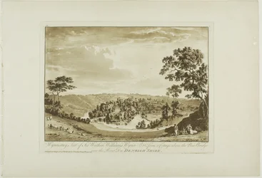 Wynnstay, residenza di Sir Watkin Williams Wynn Bart da un cottage sopra il nuovo ponte sul fiume Dee, Denbigh Shire