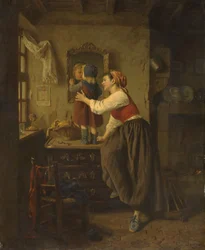 Donna e bambino davanti a uno specchio, anni 1870