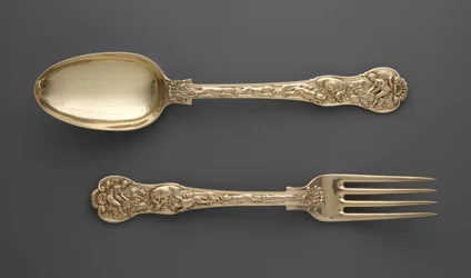 Forchetta da dessert con scene di caccia e cucchiaio da dessert con scene di caccia, c.1822