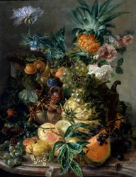 Natura morta di frutta e fiori. Dipinto di Paul Theodor van Brussel (1754-1795) Collezione privata.