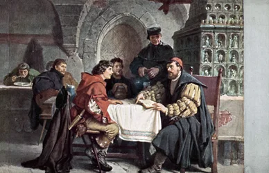 Martin Lutero in conversazione con studenti nel Gasthof der Baren, Jena, Germania, marzo 1522