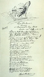 Segno poetico del poeta francese Paul Verlaine (1844-1896) con schizzo del rappresentante durante una lettura. 21/11/1893