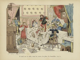 Saltò sul tavolo, rompendo bicchieri, piatti e bottiglie