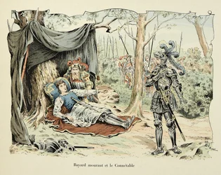 Illustrazione dal libro Histoire du chevalier Bayard di Theodore Cahu, illustrato da Paul De Semant: Bayard morente e Le Connetable de Bourbon 1524