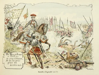 Illustrazione tratta dal libro "Storia del cavaliere Bayard" di Théodore Cahu, illustrato da Paul De Sémant: La battaglia di Agnadello, 1509