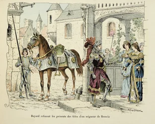 Illustrazione tratta dal libro "Histoire du chevalier Bayard" di Theodore Cahu, illustrata da Paul De Semant (1855-1915): Bayard rifiuta i doni delle figlie di un signore di Brescia 1512