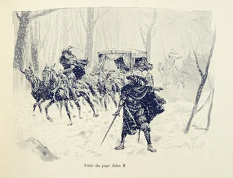 Illustrazione dal libro Histoire du chevalier Bayard di Theodore Cahu, illustrato da Paul De Semant: Fuga di Papa Giulio II