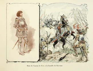 Illustrazione tratta dal libro “Histoire du chevalier Bayard” di Theodore Cahu, illustrata da Paul De Semant (1855-1915): Morte di Gaston de Foix (1489-1512) alla battaglia di Ravenna