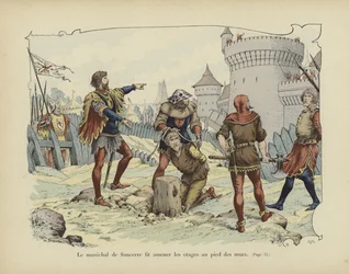 Il maresciallo di Sancerre fa portare gli ostaggi ai piedi delle mura (litografia a colori)