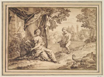 Donne Sedute sotto una Colonna con Putto