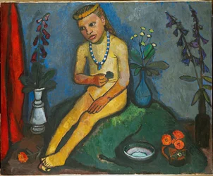 Ragazza nuda seduta con fiori (olio su tela)