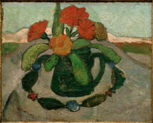 Natura morta con calendule davanti a un paesaggio