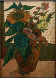 Natura morta con girasole, malvarosa e dalie