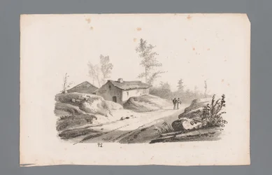 Paesaggio collinare con strada di campagna e case (serie: Principi di paesaggi)