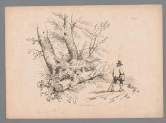 Paesaggio con alberi e un uomo con bastone da passeggio e cesta