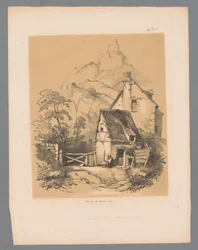 Paesaggio della Mosa con casa ai piedi di una montagna con rovine in cima (Sur la Meuse) (Vedute pittoresche di Paulus Lauters) (Etrennes pittoresques pour 1839, par Lauters)