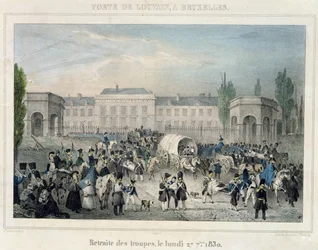 Porte de Louvain, Bruxelles: La ritirata delle truppe olandesi, 27 settembre 1830, inciso da Dewasme-Pletinckx