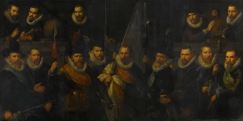 Ufficiali e altri guardiani civici del III distretto di Amsterdam, sotto il comando del capitano Jacob Gerritsz Hoyngh e del tenente Nanningh Florisz Cloeck