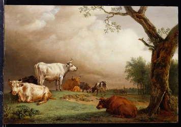 Bovini in un campo, con viaggiatori in un carro su una pista oltre e una torre della chiesa in lontananza, una tempesta di pioggia in arrivo, 1652