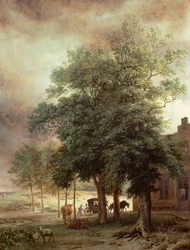 Paesaggio con carrozza o casa oltre gli alberi