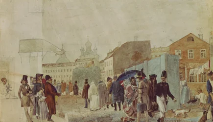Scena di strada a Mosca durante la pioggia