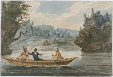 Due indiani e un bianco in canoa