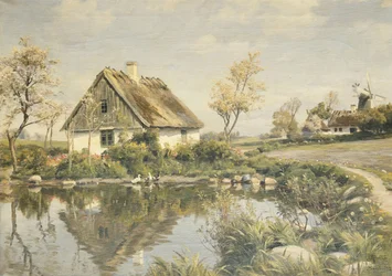 Un cottage vicino a uno stagno