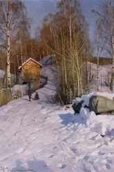 Paesaggio invernale con bambini che slittano