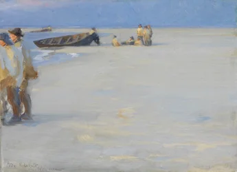 Pescatori sulla spiaggia settentrionale di Skagen. Sera d