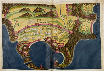 Sotto illustrazione portoghese di Mascate, dal manoscritto Livro do Estado da India Oriental di Pedro Barreto de Resende, Sloane MS 197