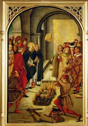San Domenico presiede il rogo dei libri eretici degli Albigesi (dipinto su tavola)