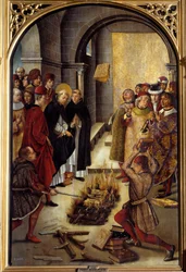 San Domenico e gli Albigesi (Il miracolo di Fanjeaux): il santo dà agli Albigesi il libro che confuta la loro eresia e gli Albigesi cercano di bruciarlo, senza successo. Dipinto di Pedro Berruguete (1450-1504). XVI secolo. Madrid