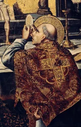 L’Eucaristia (Il santo solleva l’ostia, simbolo cristiano del corpo di Cristo). Dettaglio della pala d’altare della Messa di Gregorio I, detto il Grande o Dialogo (540-604), papa nel 590. Dipinto di Pedro Berruguete (1450-1504). Pittura rinascimentale