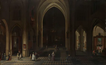Interno di una chiesa gotica di notte guardando verso est