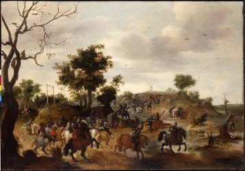 Paesaggio con battaglia di cavalleria, forca e un mulino a vento oltre