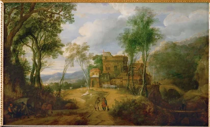 Paesaggio montano con castello (dipinto su legno di quercia)