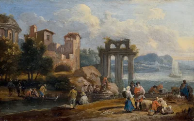 Figure in un paesaggio che riposano vicino a una rovina