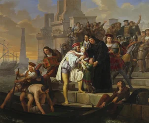 Cristoforo Colombo abbraccia i suoi due figli e li raccomanda a Padre Giovanni Perez prima di partire da Palos per il viaggio alla scoperta dell