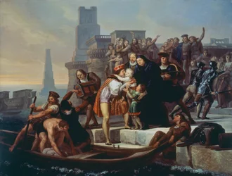 Cristoforo Colombo parte dal porto di Palos de la Frontera raccomandando i suoi figli a Padre Giovanni Perez (1492)
