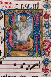 Biblioteca Piccolomini: libro corale, cod. 101.7, ff. 14r con “Resurrezione di Cristo”, di Pellegrino di Mariano. (dettaglio)