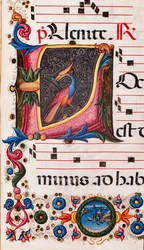Biblioteca Piccolomini: libro del coro, cod. 5.E, ff. 63r con “Iniziale fogliata”, di Pellegrino di Mariano. Dettaglio.