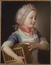 Bambina con un ciuffolotto in una gabbia