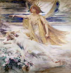 "Lo spirito del nuovo secolo" Allegoria del XX secolo che emerge dal XIX secolo addormentato. Dipinto di Percy Anderson (1851-1928) (pre-rafaelita) 1900 Collezione privata