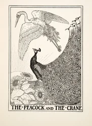 Il Pavone e la Gru, da Cento Favole di Esopo, pub.1903