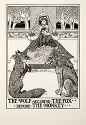 Il lupo che accusa la volpe davanti alla scimmia, dalle Favole di Fontaine, pub. 1905
