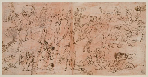 Studi di guerrieri, cavalieri e leoni (recto); Studi di teste e figure nude, piano del soffitto e iscrizioni (verso)